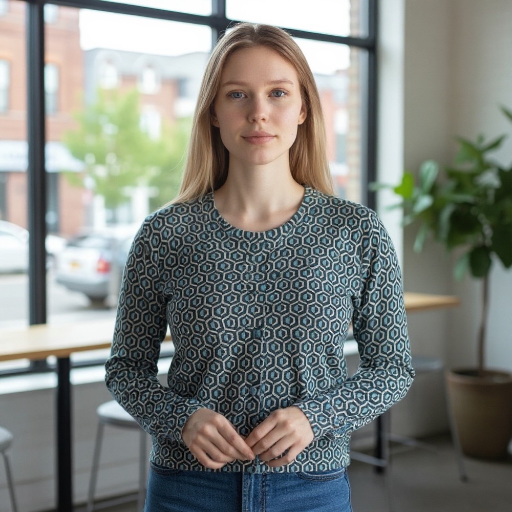 GEOMETRIC Teal and Cream Cardigan, Size M